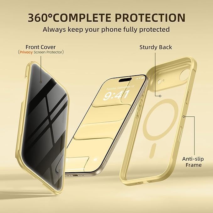 BERFY for iPhone Air Case, Compatible with MagSafe, Built-in Privacy Screen Protector, Camera Protection, Shockproof Full Body Phone Case 6.5", Clear Yellow
