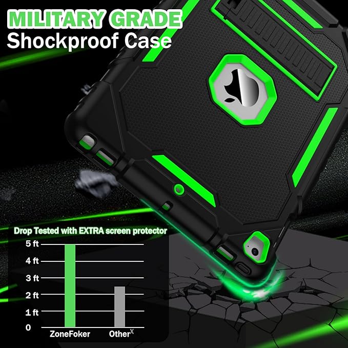 ZoneFoker 9.7" Case for iPad 6th/5th Generation 2018/2017, for iPad Air 2 / Air 1st / Pro 9.7, Heavy Duty Shockproof Protective 9.7 Inch Cover with Built-in Stand for i Pad 6 5 Gen (Black+Green)