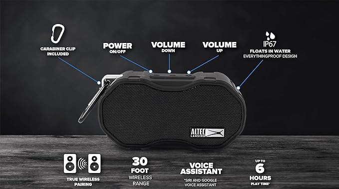 Altec Lansing - Baby Boom Waterproof Bluetooth Speaker, Wireless & Portable for Travel & Outdoor Use, Deep Bass & Loud Sound, 1 Pack (Black)