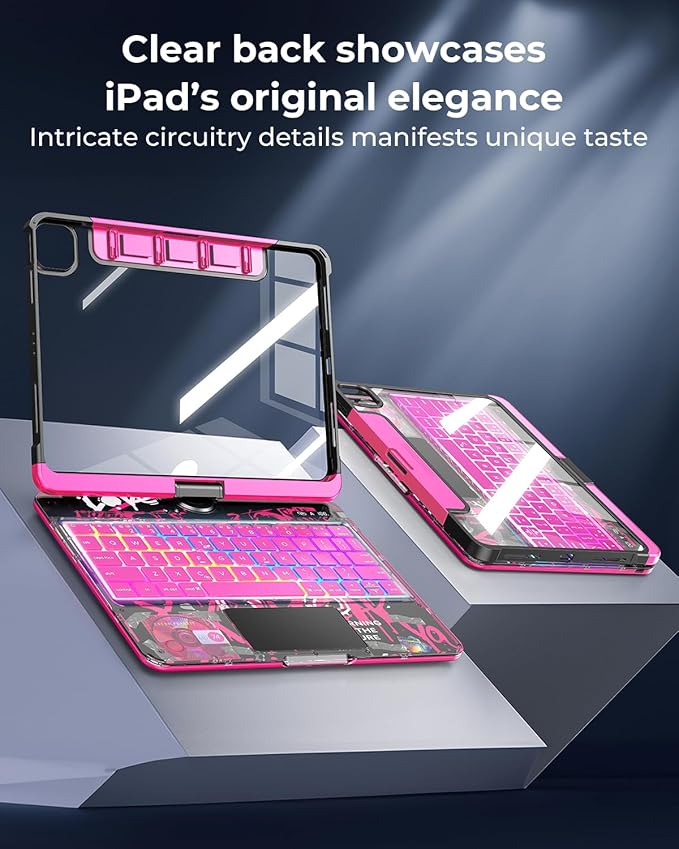 TSQQST Clear Wireless Keyboard Case for iPad Air 13 Inch (M4/M3/M2, 2026/2025/2024)/ iPad Pro 12.9" (6th/5th/4th/3rd Gen), 7-Color Backlit, Pencil Holder & Multi-Touch Trackpad, 360 Rotatable, Pink