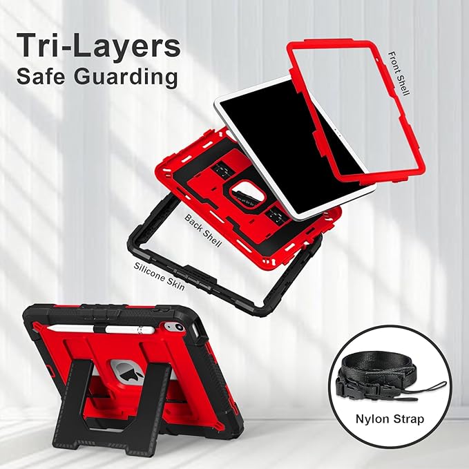 Kids Friendly Case for iPad A16 11th Generation 11 Inch 2025 / iPad 10th Generation 10.9" 2022 Case with Pencil Holder & Shoulder Strap, Hybrid iPad 11 10 Cover Rugged Shockproof Kickstand,Black+Red