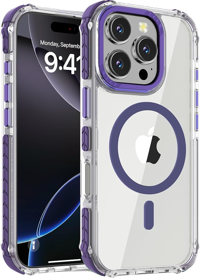 DEERLAMN Strong Magnetic Case for iPhone 16 Pro 6.3-Inch,[Compatible with Magsafe] Clear Slim Shockproof Protective Phone Cover for Women Men-Transparent+Purple