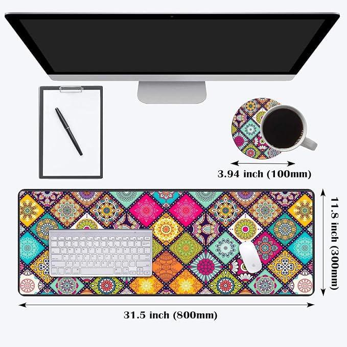 Desk Pad Mat Gaming Mouse Pads with Coasters Set, Stitched Edges Design Mouse Pad XXL Large Mouse Pad for Laptop Computers Flower Mandala Desk Writing Mat for Office & Home 31.5"x 11.8"