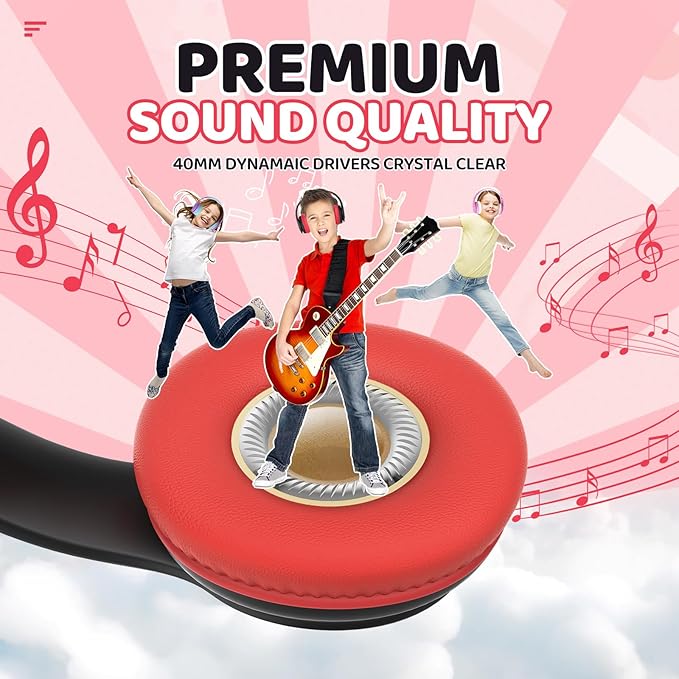 JoySpark Kids Bluetooth Headphones, Lightweight Wireless Headphones for Kids, 85/94dB Volume Limited, 60 Hours Playtime, Bluetooth 5.3, Over-Ear Toddler Headsets with Built-in Mic-Black