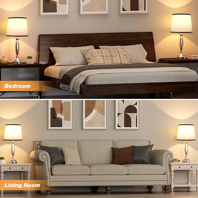 Seealle Touch Bedside Lamps for Nightstand Set of 2 - Bedroom Lamps with USB C+A, 3 Way Dimmable Nightstand Lamps, Brushed Nickel Table Lamps for Living Room (Bulbs Included)