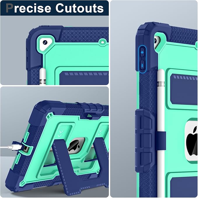 Kids Friendly Case for Apple iPad 10.2" 9th 8th 7th Generation 2021/2020/2019 Case with Pencil Holder & Shoulder Strap, Military Grade Shockproof Kickstand Hard Shell Protective Cover,Blue+Mint