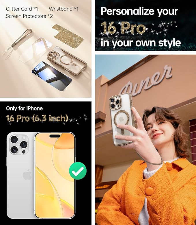 Meifigno Designed for iPhone 16 Pro Case 6.3", [Glitter Card&Wrist Strap] [Compatible with MagSafe] [1X HD+1X Privacy Screen Protectors] Full Lens Protection Designed for 16 Pro Case, Desert Titanium