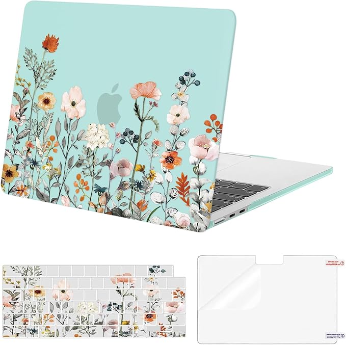 MOSISO Compatible with MacBook Air 13 inch Case M5 2026 M4 2025 M3 M2 2024-2022 A3449 A3240 A3113 A2681, Plastic Garden Flowers Hard Shell&Keyboard Cover&Screen Film for MacBook Air 13.6, Green