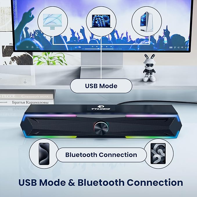 Tylubio Computer Speakers for Pc Desktop with Clear Sound, Flowing LED PC Speaker for Computer Desktop Laptop Monitor, Bluetooth & USB Input - Black