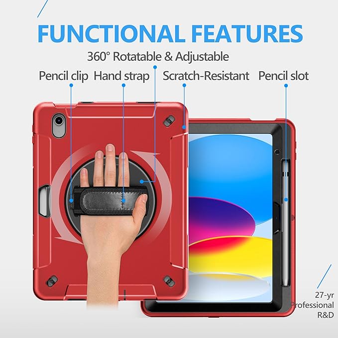 Case for iPad (A16) 11th/10th Generation Case: Protective Cover for iPad 11th Gen 11 Inch 2025 &10th Gen 10.9" 2022 with Screen Protector- Stand- Shoulder Strap- Handle- Pencil Holder-Red