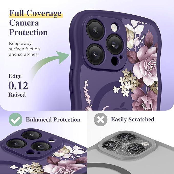 GVIEWIN for iPhone 14 Pro Max Case Compatible with MagSafe [Curly Wave Edge][Full Camera Protection] Floral Translucent Shockproof Magnetic Women Phone Case for 14 Pro Max, Cherry Blossoms/Deep Purple