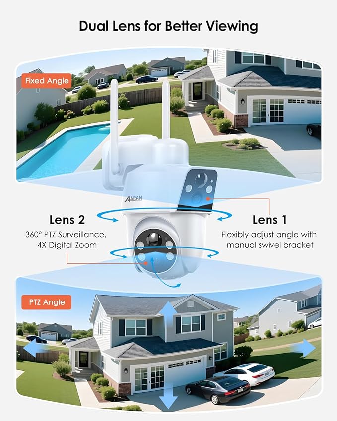 ANRAN Dual-Lens Solar Security Camera, 3MP Wireless Outdoor Camera for Home Security, 100% Wire-Free with Solar Panel, Color Night Vision, Motion Detection, 2.4GHz WiFi, IP66 Weatherproof