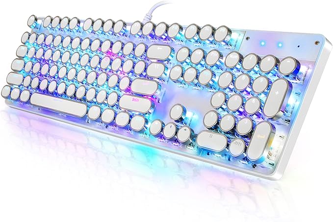 YSCP Typewriter Style Mechanical Gaming Keyboard RGB Backlit Wired with Blue Switch Retro Round Keycap 104 Keys Keyboard (R-White)