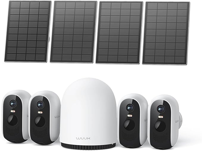 WUUK Solar Security Cameras Wireless Outdoor, Home Surveillance System, 2K, No Monthly Fee, Motion Alert, Night Vision, 2.4/5 GHz WiFi, 32G Local Storage, Compatible with Alexa & Google, 4-Camera Kit