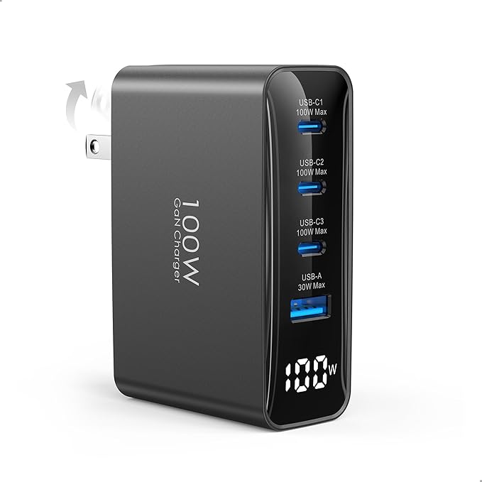 TOPADRE 100W USB C Charger for MacBook, 4-Port PD Fast USBC Charger with LED Display, GaN Compact Foldable Charging Station for MacBook Pro/Air, iPad Pro, for iPhone 17/16 Pro Max, Galaxy S25, Black