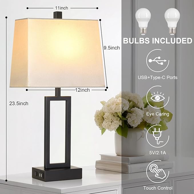 Touch Control Table Lamps with 2 USB Charging Ports & AC Outlets, 23" Tall Modern Nightstand Bedside Lamp for Bedroom, 3-Way Dimmable Metal Table Lamp with Fabric White Shade for Living Room End Table