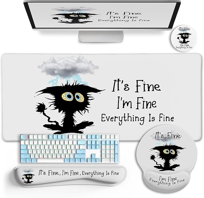 LIMKRIAN Desk Mat Set, Large Gaming Mouse Pad with Wrist Rest, Ergonomic Mouse Pad Keyboard Mat Wrist Support, Cup Coaster, Home Office Desk Accessories Decor Supplies, Funny Black Cat