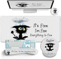 LIMKRIAN Desk Mat Set, Large Gaming Mouse Pad with Wrist Rest, Ergonomic Mouse Pad Keyboard Mat Wrist Support, Cup Coaster, Home Office Desk Accessories Decor Supplies, Funny Black Cat
