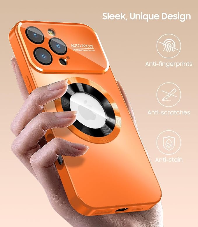 MAKAVO Magnetic for iPhone 16 Pro Max Case, Compatible with MagSafe, Built-in Camera Lens Protector, Logo View, Military Grade Drop Protection Phone Cover, Orange
