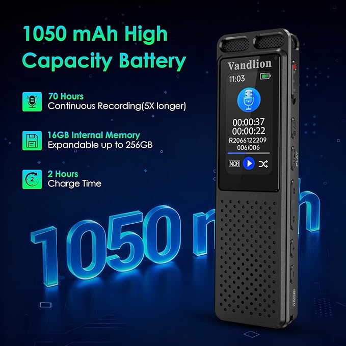 Voice Activated Recorder with Playback (100Hrs Recording Time), Vandlion 1536Kbps HD Digital Recording Device with Noise Reduction, Password for Lectures Meetings Interviews Classes
