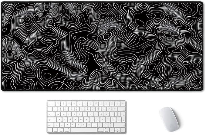 SSOIU Black Topographic Extended Gaming Mouse Pad XXL ArtSo Large Keyboard Mat Long Mousepad Desk Decor Writing Pad Non Slip Rubber Base Stitched Edges for Work, Game, Office, Home, 35.5" x 15.7"