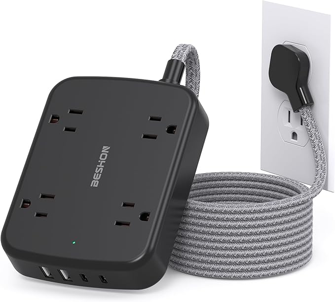Power Strip with 2 USB C - BESHON 5 Ft Flat Extension Cord Flat Plug Power Strip, 4 Widely Outlets and 4 USB Charging Ports for Home Office Dorm Room Essentials, Black