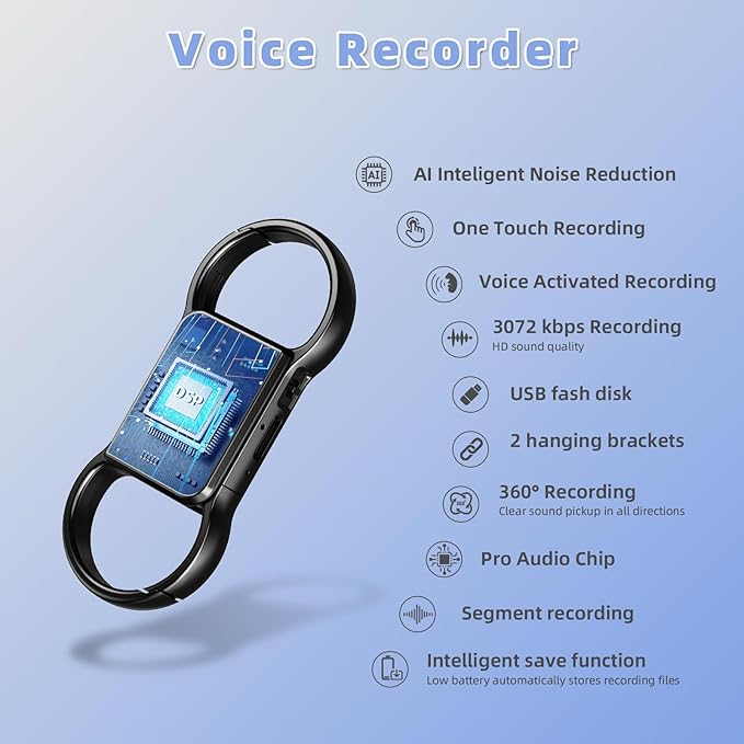 128GB(9200 Hours) Keychain Voice Recorder,Audio Recording Device with Triple Noise Reduction,Voice Activated Recorder,HD Playback for Lectures,Meetings,Interviews