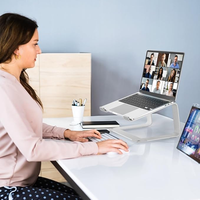 GleYo Laptop Stand for Desk Portable Computer Riser Metal Notebook Holder Printer Stand Office Desk Accessories Compatible with MacBook Air, Pro, Dell, HP, Lenovo and All 10-16" Laptops, Silver