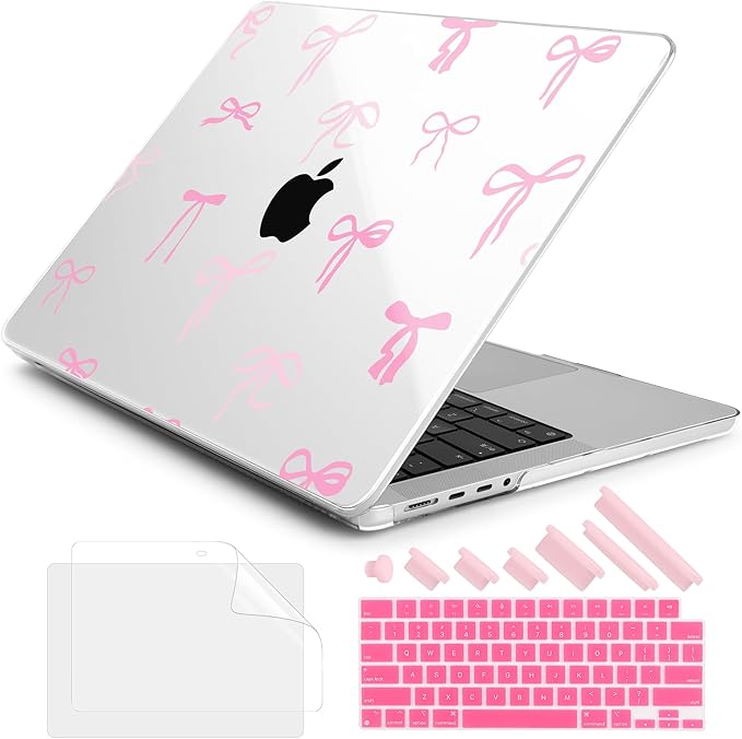 DONGKE Case for MacBook Pro 14 Inch (2026-2021 Release, M5 M4 M3 M2 M1 Pro/Max Chip), Plastic Slim Hard Shell Protective Cover with Keyboard Cover & Screen Protector, Pink Bows