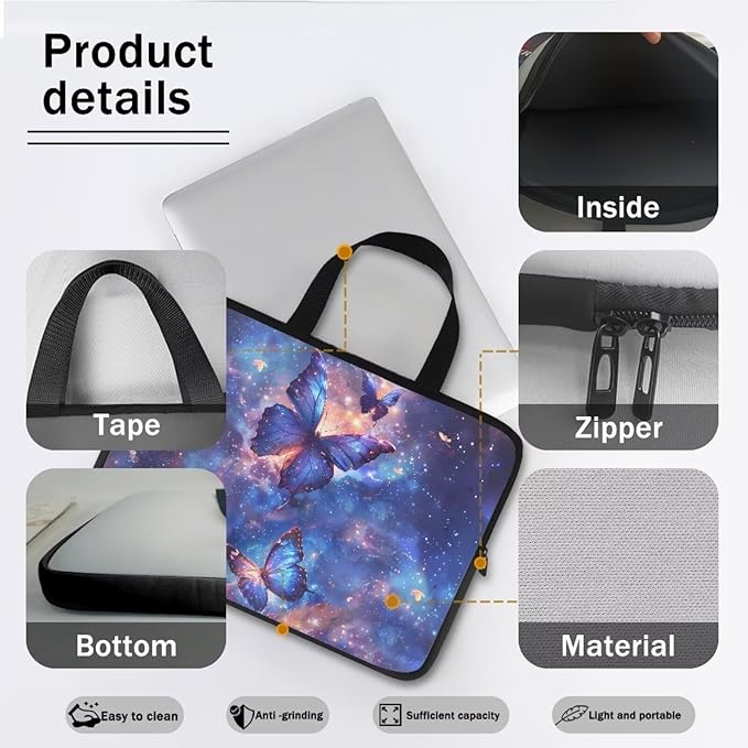 Galaxy Butterfly 17 Inch Laptop Bag Handle Chromebook Case Sleeve Computer Protect Pouch Holder Notebook Sleeve Neoprene Chromebook Cover Soft Carrying Travel Case for Women