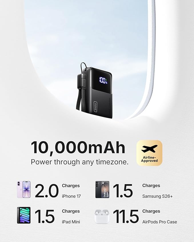 INIU Portable Charger, Ultra Mini 10000mAh 45W Fast Charging with Detachable Cable, Flight-Safe Travel USB C Power Bank External Phone Battery Pack for Xiaomi iPhone 17 16 Samsung S26 Google iPad etc