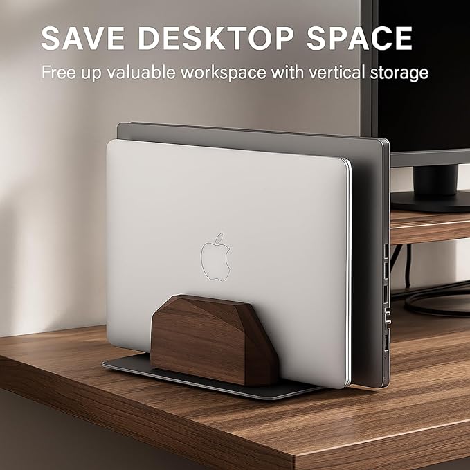 Vertical Laptop Stand for Desk, Dual Slot Wood Laptop Holder to Dock MacBook, MacBook Pro and & Gaming Laptops, Solid Black Walnut, Geometric Sculpted Craftsmanship