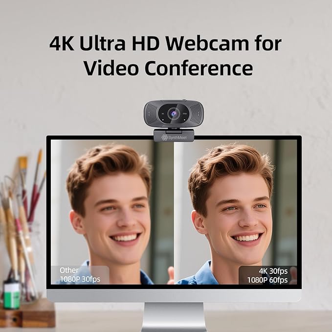 4K Webcam for PC, 1080P@60FPS, 4K Camera with Noise-reducing Microphone, 92°FOV, 8MP USB Webcam Plug and Play, Privacy Cover, Works Perfect for Meeting Platform Zoom/Teams/Skype/Google Meet