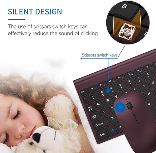 Wireless Keyboard and Mouse Ultra Slim Combo, TopMate 2.4G Silent Compact USB 2400DPI Mouse and Scissor Switch Keyboard Set with Cover, Batteries Included, for PC/Laptop/Windows/Mac - Wine Black