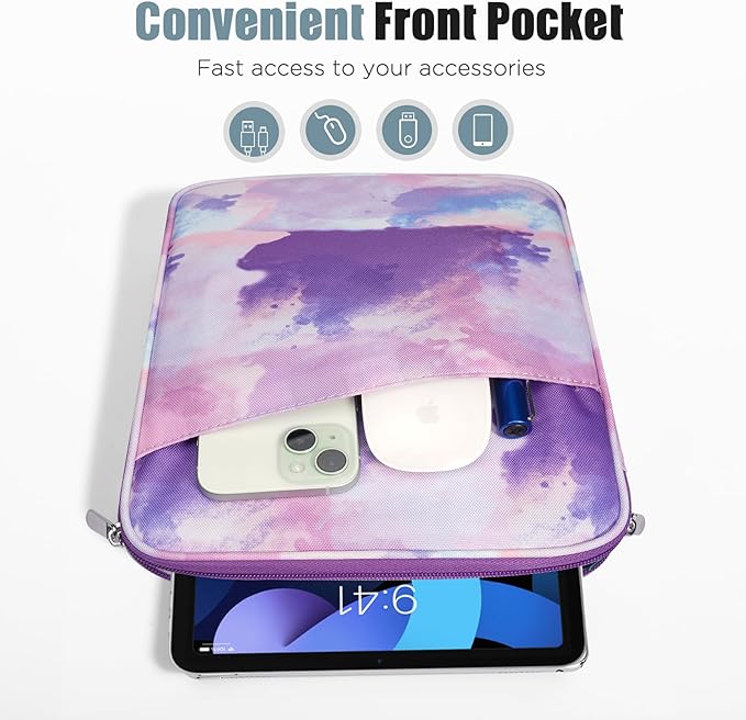 TiMOVO 9-11" Tablet Sleeve Bag for iPad 11-inch A16 2025, iPad 10.9"/10.2"| Air 11 Inch/5th/4th Gen. 10.9", Galaxy Tab A9+/A11Plus 11", Protective Bag with Pocket, Watercolor Purple