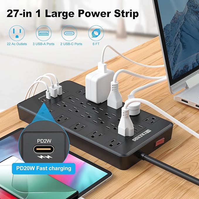 HITRENDS Power Strip with USB C, Surge Protector Power Strip with 22 Outlet & 3 USB A Ports & 2 USB C Port, 1875W/15A Multiplug with Flat Plug, 6 Ft Extension Cord for Home Office