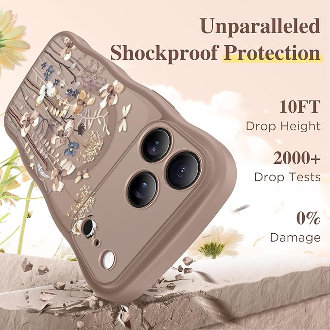 GVIEWIN for iPhone 17 Pro Case Compatible with MagSafe [Curly Wave Edge][Full Camera Protection] Floral Translucent Shockproof Magnetic Women Phone Case for iPhone 17 Pro 6.3'', Autumnflit/Brown