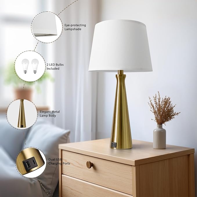 Seealle Modern Table Lamps Set of 2 - Touch Bedside Lamps for Nightstand with Dual USB C+A,3-Way Dimmable Gold Nightstand Lamps for Living Room Bedroom (Bulb Included)