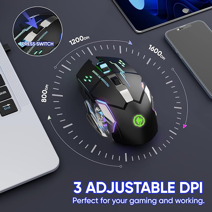 MELOGAGA Wireless Gaming Mouse Bluetooth Mouse RGB Rechargeable 2.4G USB Cordless Computer Mice with 7 Color Backlit, 6 Buttons & Silent Click for Laptop, iPad, Mac OS, PC, Windows -Black