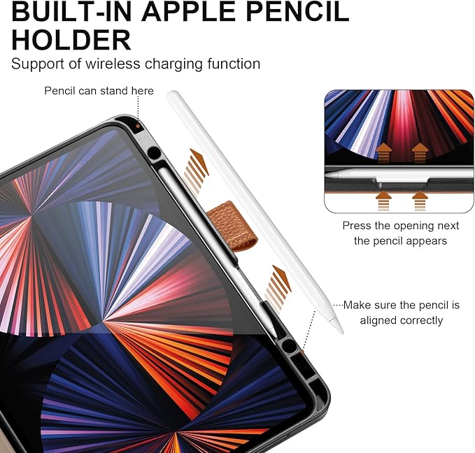 Genuine Leather Case for iPad Pro 12.9 inch 6th/5th/4th/3rd Generation 2022/2021/2020/2018 | with Pencil Holder and Adjustable Stand, Magnetic Closure, Auto Wake/Sleep Cover | Brown