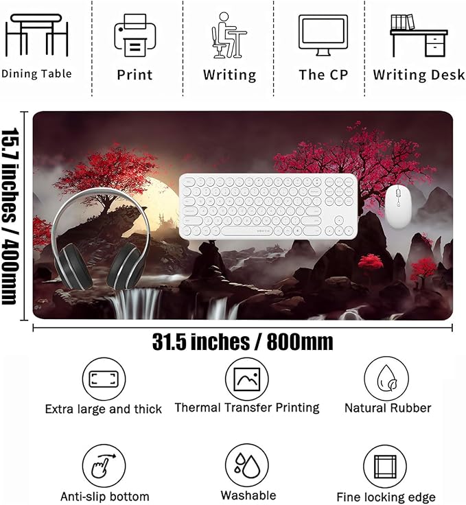 Japanese Desk Mat, Big Desk Pad, XXL Extended Gaming Mouse Pad, Large Mouse Pad for Desk Protector, Rubber Base Mousepad with Stitched Edges, Keyboard Mat for Work, Game, Office, Home | 31.5x15.7 inch