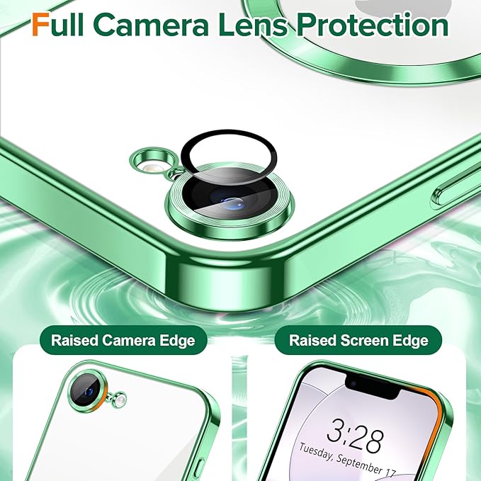 Hython Magnetic Clear for iPhone 17e Case with Camera Lens Protector [Compatible with MagSafe] Luxury Plating Edge Slim Soft TPU Cover Protective Phone Case for iPhone 17e 6.1", Light Green