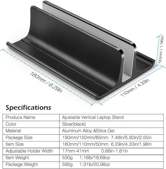 HONKID Vertical Laptop Stand, Aluminum Holder Adjustable Desktop Laptop Dock (up to 17.3 in) Compatible with All/Surface/HP/Dell/Lenovo/Gaming Laptops,Black