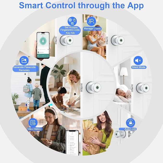 BIWIBON 5-in-1 Smart Door Knob, Fingerprint Door Knob with App Control, Smart Fingerprint Door Lock,Auto Lock, Ideal for Home, Bedroom, Office, Chrome