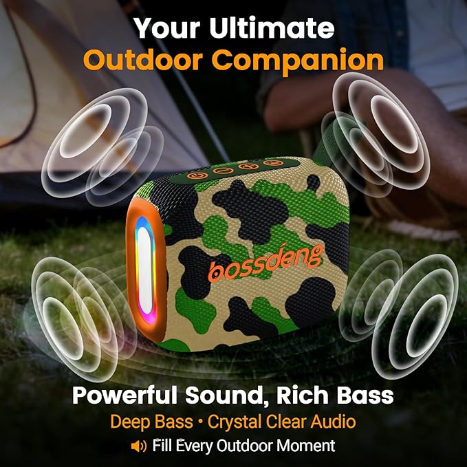 Portable Waterproof Bluetooth Speaker IPX5 for Outdoor,HD Sound All-Day Playtime, BT5.3,Wireless Speakers with Lights, Essentials for Beach/Party/Camping,Gifts for Men Women Boys Girls-Camoouflage