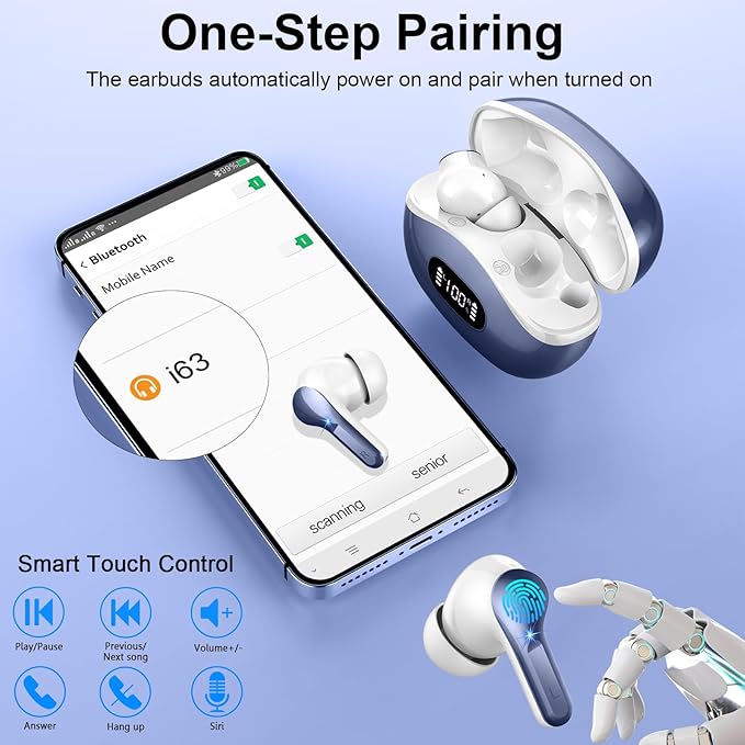 Wireless Earbuds, Bluetooth Headphones 5.4 HiFi Stereo Ear buds with ENC Noise Cancelling Mic, 40H Bluetooth Earbuds with Dual LED Display Charging Case, IP7 Waterproof Earphones for Android iOS