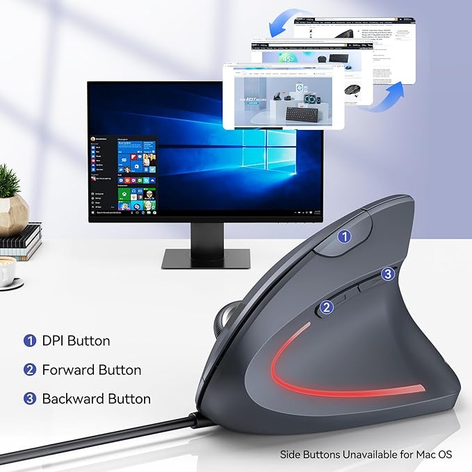 TECKNET Wired Mouse, 6400 DPI Ergonomic Mouse 6 Buttons Silent Mice 4 Adjustable DPI Vertical Mouse Compatible with Windows/Chrome/Laptop/Computer