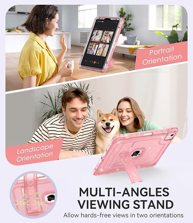 ZoneFoker Case for iPad Air 5th/ 4th Generation Case (2022/2020) 10.9'', for iPad Pro 11 Inch (4th/3rd/2nd/1st Gen), Hard Sturdy Slim Cover for iPad Air 5 4 th with Pencil Holder/Stand, Pink Glitter