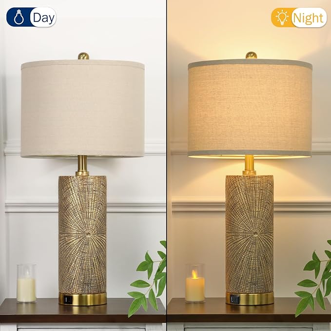 27" Gold Vintage Table Lamps Set of 2 with USB A+C Fast Charging Ports, Modern Farmhouse Bedside Nightstand Lamps for Bedroom with Beige Linen Shade, Rustic End Table Lamps for Living Room Office