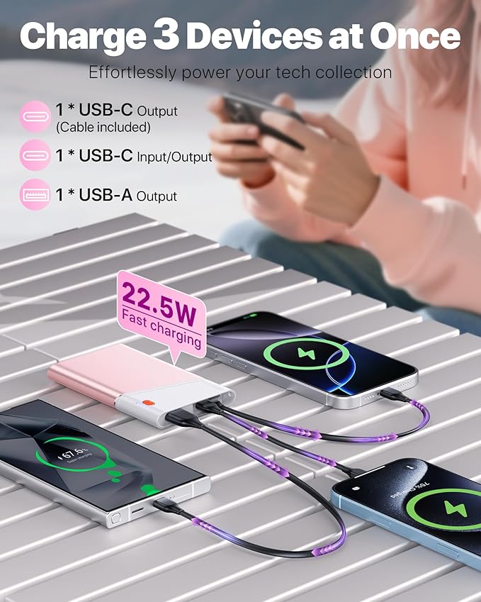 Aaoyun Portable Charger Power Bank, 10000mAh 22.5W PD Fast Charging Powerbank with Built-in USB C Cable, Slim External Phone Battery Pack for iPhone 17/16/15 Samsung S24 Android etc (Pink)